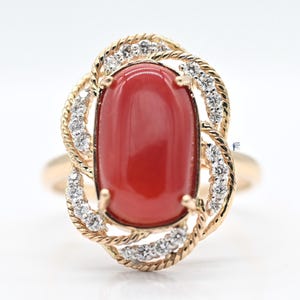 6.00CTW Red Coral Diamond Ring  Natural Red Coral Ring for her Genuine coral solid gold Ring big coral ring Oval Coral ring coral gold ring