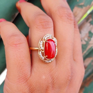 6 carat natural coral diamond ring Ready to ship natural big coral solid gold ring red coral gold ring for her genuine coral diamond ring