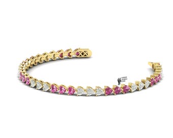 Rosa Saphir Diamant Tennis Armband, Solid Gold Herz geschnitten Schmuck Geschenk
