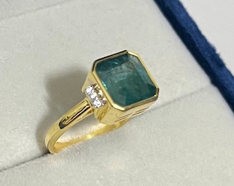 18k Solid Gold Emerald Diamond Ring, Zambian Minor Oiled May Birthstone,