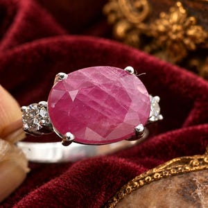 Natural Old Burma Myanmar Ruby Trio Engagement Ring, Oval East West Prong Setting, 14K White Gold