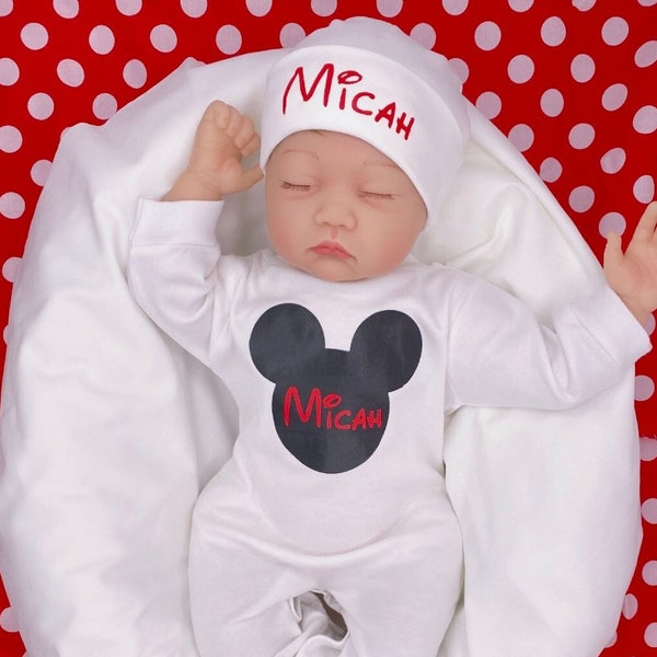 Baby Boy Outfit, Coming Home Outfit, Mickey Mouse Insp, Handmade, Personalized Newborn, Babyshower Gift, Newborn Clothing, Outfits With Hats