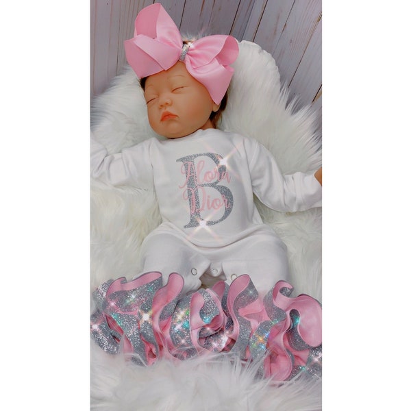 Baby Girl Outfit, Coming Home Outfit, Custom, Handmade, Personalized Newborn, Babyshower Gift, Newborn Clothing Set, Pink & Silver