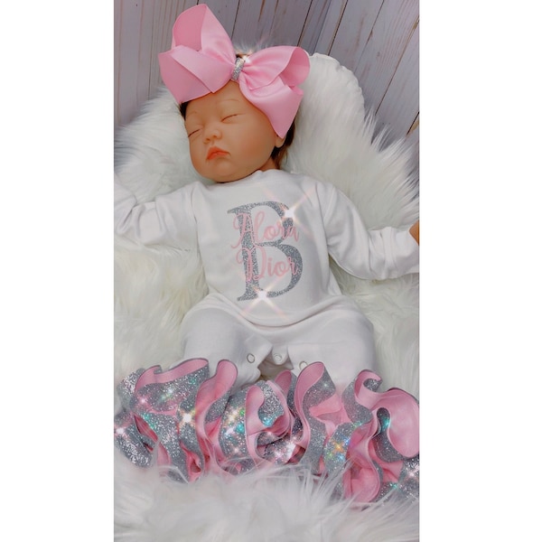 Baby Girl Outfit, Coming Home Outfit, Custom, Handmade, Personalized Newborn, Babyshower Gift, Newborn Clothing Set, Pink & Silver
