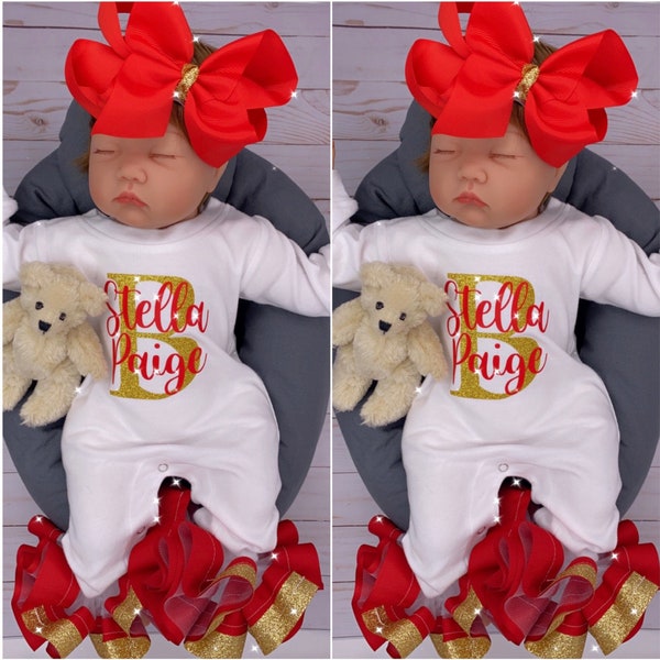 Baby Girl Outfit, Coming Home Outfit, Custom, Handmade, Personalized Newborn, Babyshower Gift, Newborn Clothing Set, Red & Gold