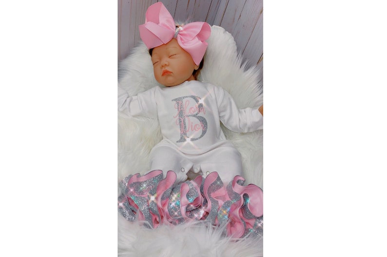 Baby Girl Outfit, Coming Home Outfit, Custom, Handmade, Personalized Newborn, Babyshower Gift, Newborn Clothing Set, Pink & Silver 