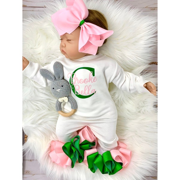 Baby Girl Outfit, Coming Home Outfit, Custom, Handmade, Personalized Newborn, Babyshower Gift, Newborn Clothing Set, Pink & Green