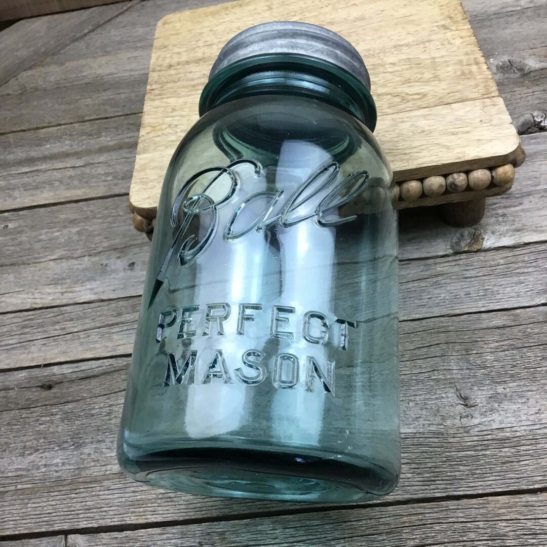 Antique Blue Glass Ball Jar Perfect Mason Quart Jar Zinc Lined Lid With
