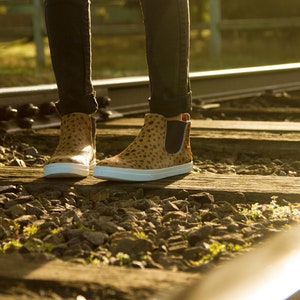 Cheetah Animal Hi Tops in Tan Brown Leather Cowhide High Tops Streetwear Shoes