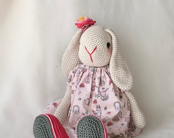 Sweet girl rabbit with hanging ears and pink red dress - Handmade by Omanel