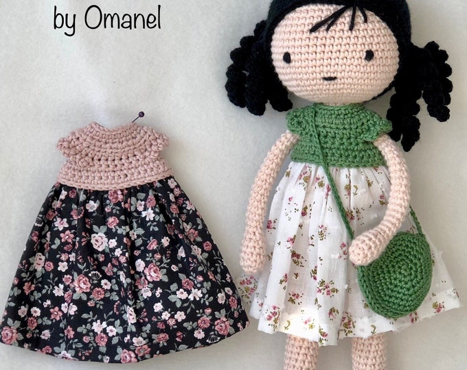 Doll 30 cm with black pipe curls with pink-black and white-green clothing - Handmade by Omanel
