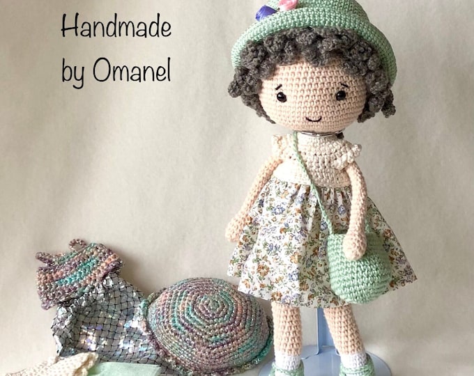 Small doll 32 cm with gray curls and mint green clothes: dress, hat, bag, ballet and mermaid outfit - Handmade by Omanel