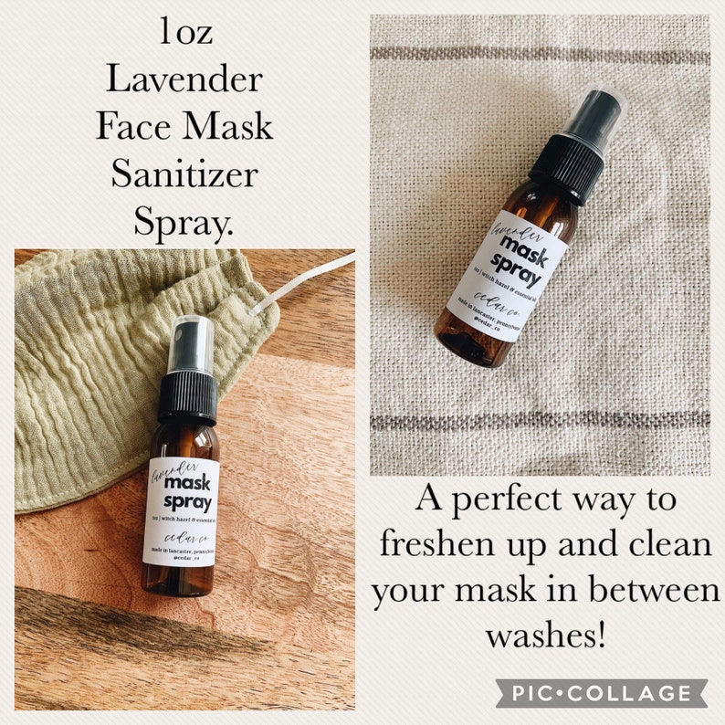 May include: A 1 oz bottle of lavender face mask sanitizer spray. The bottle is brown glass with a black spray nozzle and a white label that says "lavender mask spray" and "calave".