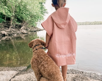 Hooded Towel with Custom Embroidery - Waffle Beach Towel Poncho - Hooded Coverup - kids swimsuit coverup - 100% organic cotton