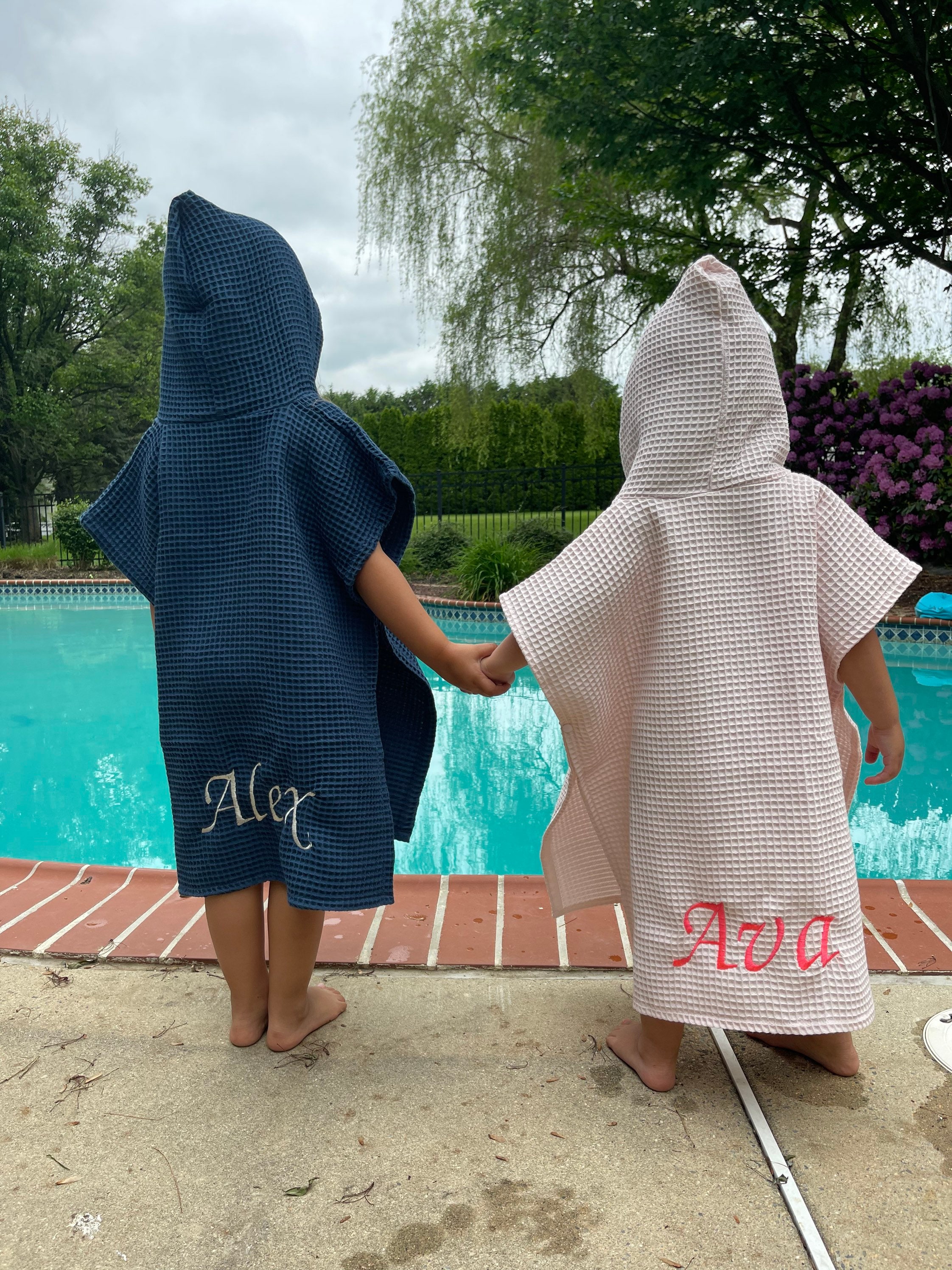 Hooded Towel with Custom Embroidery - Waffle Beach Towel Poncho - Hooded Coverup - kids swimsuit coverup - 100% organic cotton