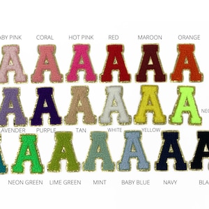 Parche de letras de chenilla: para planchar, pegar y coser; 2,25" de alto; de la A a la Z; 19 opciones de colores