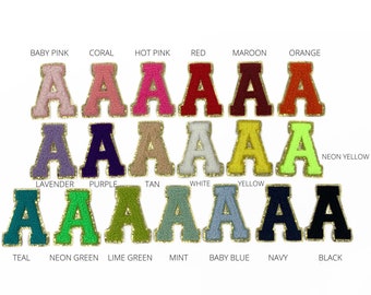 Chenille letter patch -- iron on, stick on and sew on -- 2.25&quot; tall - A through Z - 19 color options