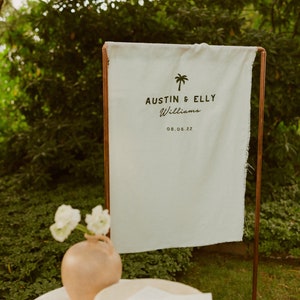 Wedding banner - guest entry sign white canvas linen 35&quot;x72” bridal shower wedding tapestry - embroidered wedding detail wedding accessories