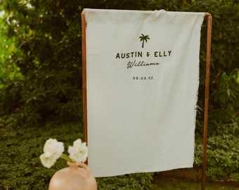 Wedding banner - guest entry sign white canvas linen 35"x72” bridal shower wedding tapestry - embroidered wedding detail wedding accessories