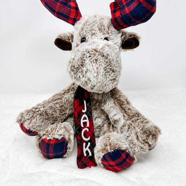 Christmas Personalized Reindeer - adorable plush moose - plaid reindeer or moose - scarf - embroidered 2023 - 18”