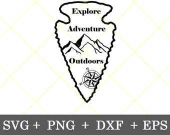 Instant Download!!! Explore Adventure Outdoors Mountain Arrowhead for Camping, Travelling, and Adventuring, Clip Art svg, png, dxf, eps