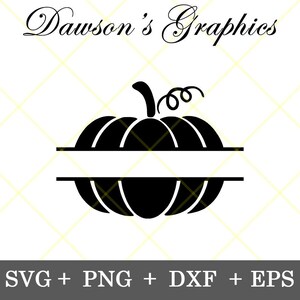 May include: Black and white silhouette of a pumpkin with a split line in the middle for adding text.  The pumpkin has a stem and a curly vine.  SVG + PNG + DXF + EPS