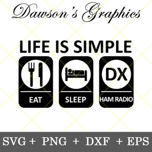 以下が含まれることがあります： 「Life is Simple」というテキストと、フォークとナイフ、ベッド、そして「DX」という文字が書かれた円形の3つのアイコンで構成された白黒のグラフィックデザイン。アイコンの下には、「Eat」、「Sleep」、「Ham Radio」というテキストが書かれています。