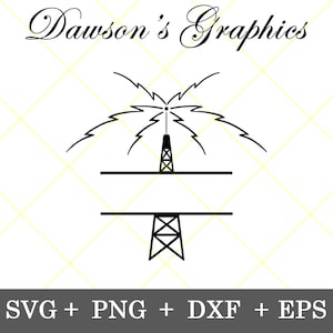 Könnte beinhalten: Schwarze und weiße Silhouette eines Ölbohrturms mit einem stilisierten Blitzdesign. Der Bohrmast ist auf einer horizontalen Linie zentriert, mit Platz für Text darüber und darunter. Der Text "Dawson's Graphics" erscheint über dem Bild.