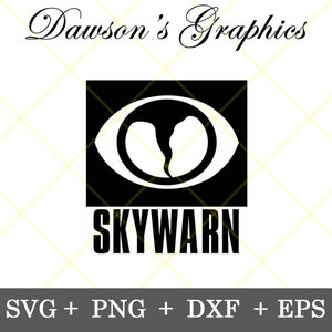 May include: Black and white logo design for Skywarn, featuring a stylized eye with a lightning bolt inside. The logo is set against a black square with the word "Skywarn" in white text below.