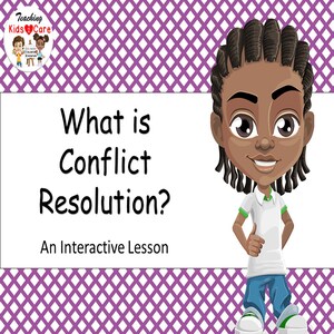 May include: A cartoon illustration of a young person with brown skin and braided hair smiling and standing with their hands on their hips. The text "What is Conflict Resolution? An Interactive Lesson" is displayed in black text on a white background. The background is a purple and white checkered pattern.
