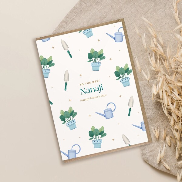 Personalised Indian Father's Day Card - Nanaji and Babaji - Gardening Theme - 5 x7 Inch Card with Blue or Kraft Envelope