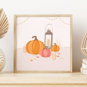 Gemütlicher Herbst Kürbis Quadrat Art Print - 148 x 148mm - Kürbisse - Halloween Print - Kerzen - Gemütlicher Print - Herbst Print