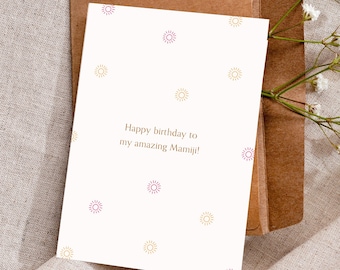 Happy Birthday Mamiji/Chachi/Thai/Pua/Masi Card - Desi Greetings Card - Sunshine Pattern Birthday Card - Indian Birthday Card for Aunty