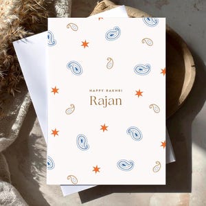 Personalised Name - Paisley Print Raksha Bandhan Greetings Card - 5x7 Rakhri Card - Blue