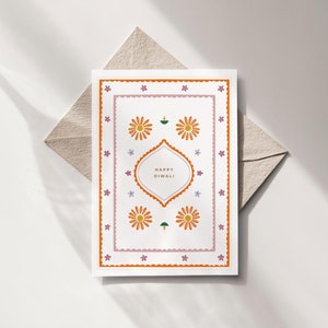 Carte de voeux florale illustrée Diwali - carte Diwali 5 x 7 - Safran et améthyste