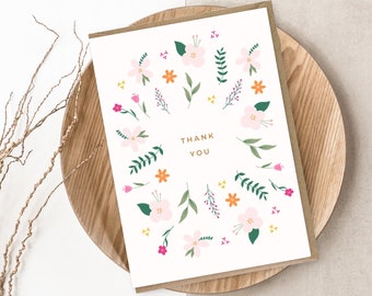 Cute Floral Illustrated Thank You Card - 5x7inch card with Kraft Envelope - Thank you!