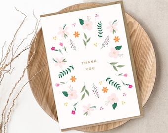 Cute Floral Illustrated Thank You Card - 5x7inch card with Kraft Envelope - Thank you!