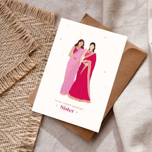 Carte personnalisée soeur/cousine/amie en saris - carte de voeux de mariage punjabi de luxe - sari - mariage sikh - mariage hindou