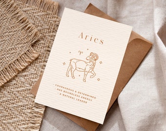 Tarjeta de felicitación del zodiaco Aries con sobre kraft marrón - 5 x 7 pulgadas - Tarjeta con signo de estrella - Perfecta para cumpleaños o como tarjeta de agradecimiento.