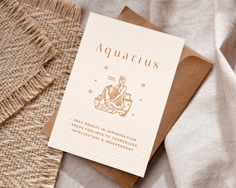 Aquarius Zodiac Greetings Card with Brown Kraft Envelope - 5 x 7 Inch - Star Sign Card - Perfect for Birthdays or as a Thank you Card.