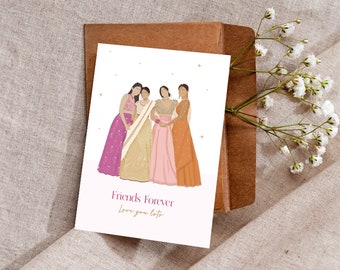 Group of Friends in Lenghas Card - Luxury Punjabi Wedding Greetings Card - Lehenga - Friendship Cards - Bridesmaid Cards