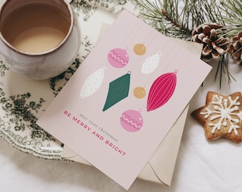 Merry And Bright - Single or Pack of 6 Cards - Magical Christmas - Pink - Bauble -  Beautiful Holiday Cards - Merry Christmas - Xmas Card