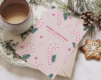 Candy Cane Christmas Card - Single or Pack of 6 Cards - Magical Christmas - Pink -  With Kraft Envelopes