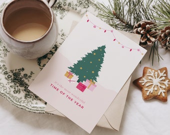 Christmas Tree Card -  Pack of 6 Cards - Magical Christmas - Pink -  Beautiful Holiday Cards - Merry Christmas - Gifts