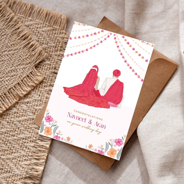 Sikh Bride and Groom Wedding Card - Luxury Punjabi Wedding Greetings Card - Lehenga - Sikh Wedding