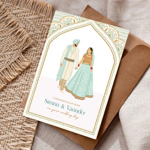 Cartão de casamento Sikh Mint para noivos - Cartão de felicitações de casamento Punjabi de luxo - Lehenga - Casamento Sikh
