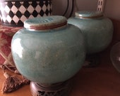1900-1909 Chinese Celadon Jar Pair and Rosewood Stands w marking
