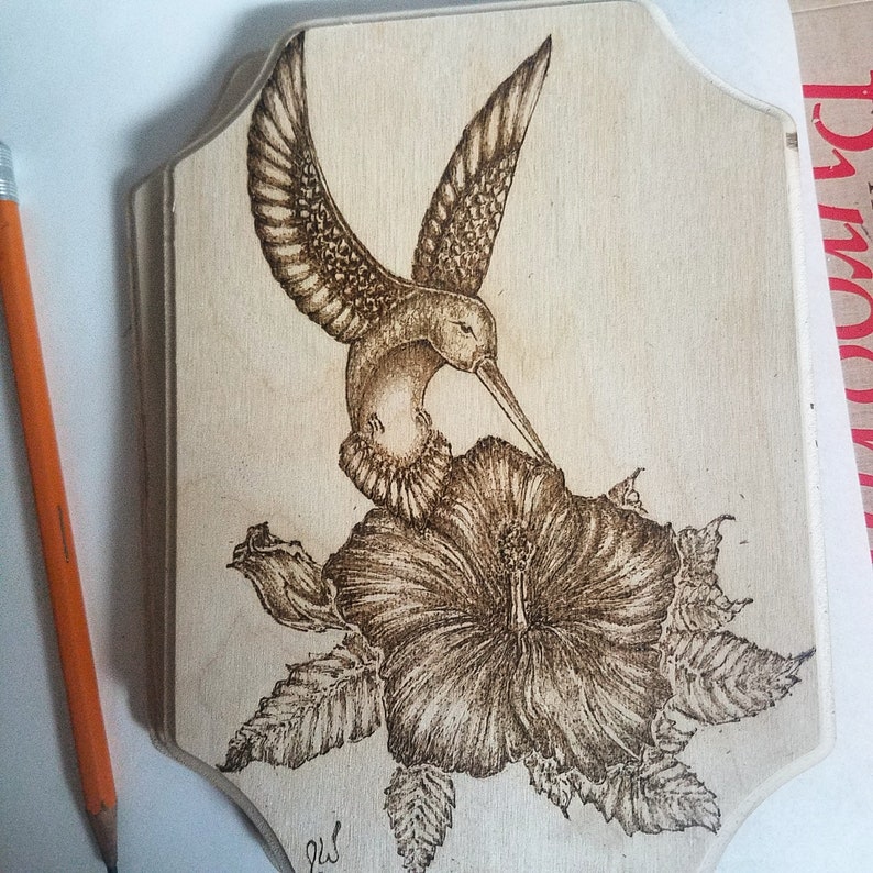 Custom Wood Burning Pyrography Hummingbird and Hibiscus | Etsy