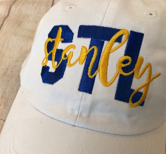 St. Louis Blues Hat/ Blues Hat/Embroidered Blues Hat/ Play Gloria/ White  hat w/ Royal STL and yellow gold stanley