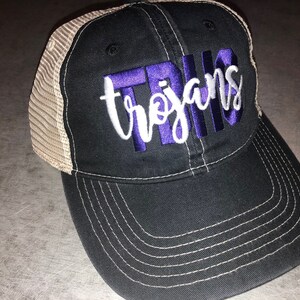 Troy Buchanan High School Trucker Hat/ TBHS Hat/Trojans Hat/ Troy, Missouri/ High School Spirit Wear/ Grey Trucker w/ Purple and white